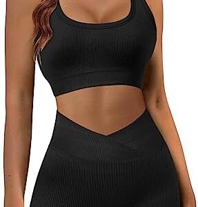 JZC Workout Outfits for Women 2 Piece Ribbed Seamless Yoga Leggings Exercise Sets