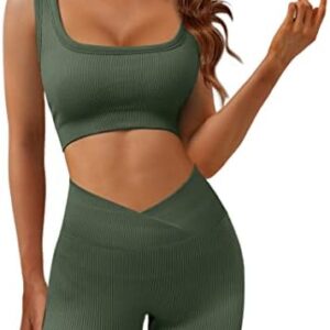 JZC Yoga Workout Outfits for Women 2 Piece Ribbed Seamless Sports Exercise Sets