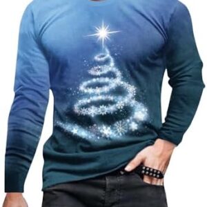 KCaHFO Christmas T Shirt for Men, Mens Long Sleeve Tops Xmas Tree Printed Graphic Shirts Ugly Christmas Athletic Shirts