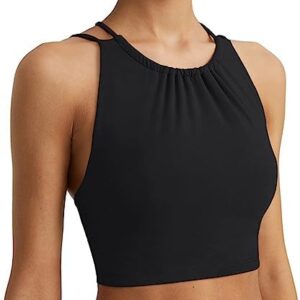 LASLULU Womens Sports Bra Racerback Athletic Shirts Pleated Padded Yoga Tank Tops Halter Neck Fitness Workout Crop Tops