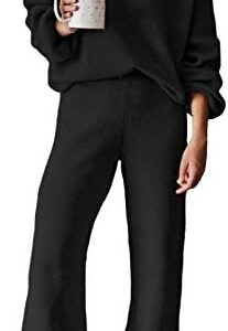 Linsery Women 2 Piece Outfits V Neck Sweater Wide Leg Sweatsuit Rib Knit Lounge Sets Leisure Wear