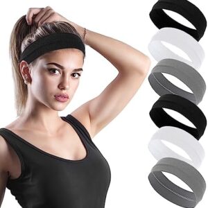 Lusofie 6Pcs Workout Headbands for Women Non Slip Sweatbands Elastic Sweat Hair Bands Sports Headbands Hairband for Yoga, Golf, Gym, Camping, Running, Tennis (Black, Gray, White)