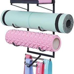 MAYZOLOP Yoga Mat Holder Wall Mount Yoga Mat Storage Rack Home Gym Accessories with 3 Sectional and 7 Hooks for Hanging Foam Roller and Resistance Bands at Fitness Class or Home Gym