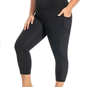 MEJING Plus Size Capri Leggings for Women with Pockets L-5X Workout Leggings Black Mesh Yoga Pants High Waisted Tummy Control