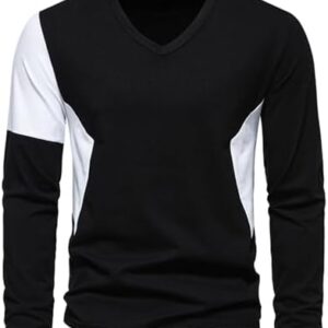 Mens Casual Slim Fit Long Sleeve T-Shirts Soft Lightweight V-Neck Shirt Colorblock Tee Shirts 2023 Fall Pullover Top