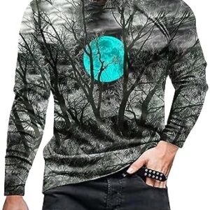 Mens Halloween Long Sleeve T-Shirt Moon and Forest 3D Printed Funny Tee Casual Outdoor Sports Crew Neck Tops Blouses