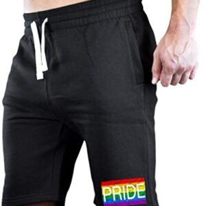 Men's Pride Rainbow Flag Chest Black Fleece Jogger Sweatpant Gym Shorts