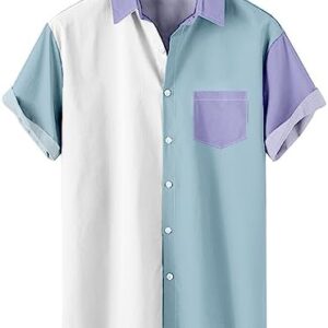 Men's Short Sleeve Button Down Bowling Shirts Hawaiian Casual Colorblock Summer Regular Fit Beach Aloha Shirt Top