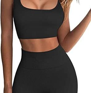 OLCHEE Women's Sexy 2 Piece Workout Outfits - Seamless Ribbed Leggings and Square-cut Sports Bra Yoga Activewear Set