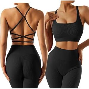 OMKAGI Women Ribbed Workout Sets Seamless Strappy Sport Bra Butt Lifting Leggings Outfits