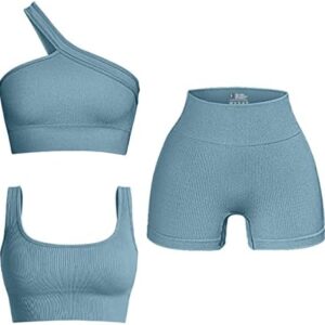 OQQ Women's 3 Piece Outfits Ribbed Seamless Exercise Scoop Neck Sports Bra One Shoulder Tops High Waist Shorts Active Set