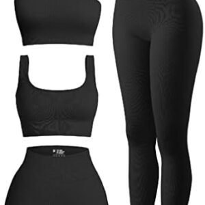 OQQ Women's 4 Piece Outfits Ribbed Exercise Scoop Neck Sports Bra One Shoulder Tops High Waist Shorts Leggings Active Set