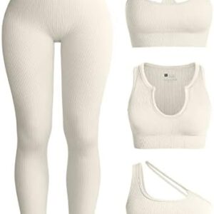 OQQ Womens 4 Piece Workout Outfits Ribbed Yoga High Waist Leggings with 3 Piece Crop Tops with Sports Bra Exercise Set