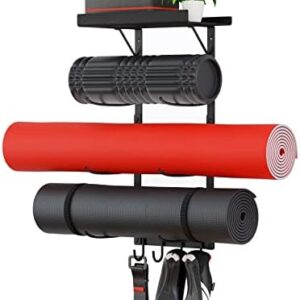 PeloFamily Yoga Mat Holder Wall Mount, Yoga Accessory Mat Storage Rack, Home Gym Accessories Organizer, Floating Shelf and Hooks for Hanging Foam Roller/Band/Workout Equipment at Pilates Fitness Class