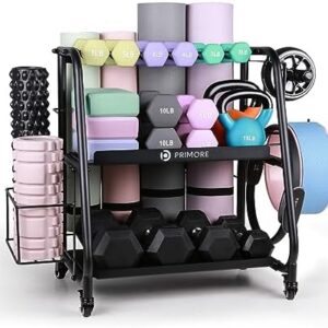 Primore Multifunctional Weight Rack for Dumbbells Kettlebells Yoga Mats Foam Rollers Ab Roller, Home Gym Solid Steel Storage Cart with Wheels and Hooks, All in One Garage Organizer for Workout Equipment (Rack Only)