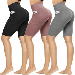 QGGQDD 3 Pack Biker Shorts Women with Pockets - 8” High Waisted Black Workout Running Yoga Shorts