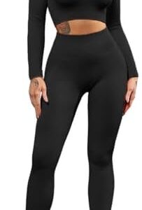 QINSEN Seamless Workout Outfits for Women 2 Piece Ribbed Long Sleeve Crop Top Tummy Control Leggings Sets