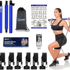 Quindi Pilates Bar Kit with Resistance Bands( 3 Sets of 20 lb,30lb & 40 lb.). Portable, Easy and Quick to Assemble. Exercise from Home, Premium Fitness Workout Equipment for All Body Exercises .