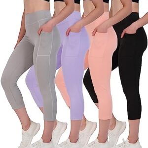 Real Essentials 4 Pack: Women's Capri Leggings with Pockets Casual Yoga Workout Exercise Pants (Available in Plus Size)