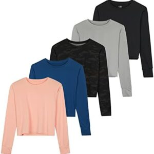 Real Essentials 5 Pack: Women's Dry Fit Crop Top - Long Sleeve Crew Neck Stretch Athletic Tee (Available in Plus Size)