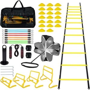 SENNAUX 24Pcs Agility Ladder Speed Training Equipment Set Including 20ft Ladder,10 Training Cones,5 Resistance Bands,4 Stakes,Speed Parachute,Jump Rope & Carry Bag for Basketball,Soccer Training