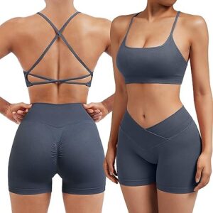 SUUKSESS Women V Cross Workout Sets Strappy Sports Bra High Waist Booty Shorts