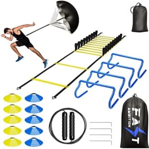 Speed & Agility Training Set (Blue &Yellow) - Agility Kit w/ Football Ladders,Cones Hurdle Set, Parachute for Speed Training, Workout Ladder Rope &Carry Bag –Kids, Adults Agility Training Equipment