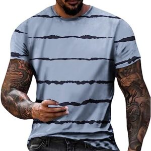 T Shirt for Men 2023 Regular-Fit Short Sleeve Crewneck Striped Summer Top Big and Tall Muscle Fitness Sport Shirt