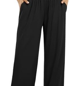 UEU Women's Wide Leg Pants Elastic High Waisted Travel Lounge Yoga Palazzo Pants with Pockets