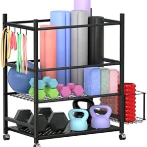 Uboway Dumbbell Rack for Home Gym, Weight Storage Rack for Dumbbells, Workout Equipment Storage Rack, Home Gym Storage Rack for Yoga Mats, Kettlebells and Strength Training Equipment with Wheels and Hooks