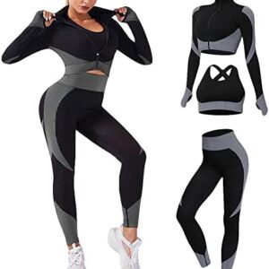 Veriliss 3pcs Seamless Outfit Workout Sets Gym for Women, Fitness Sports School Running Clothes Yoga Sportswear