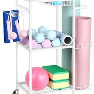 Weight Rack for Dumbbells Yoga Mat Storage Rack Home Gym Equipment Storage Rack Workout Equipment Storage Cart with Hooks for Yoga Mats, Dumbbells, Kettlebells, Foam Rollers, and Resistance Bands