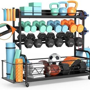 XL Dumbbell Rack Weight Stand - Bonvork Adjustable Weight Rack for Dumbbells, Home Gym Storage Rack for Kettlebell, Balls,Yoga Mat Storage Holder, Workout Equipment Storage Organizer With Wheels