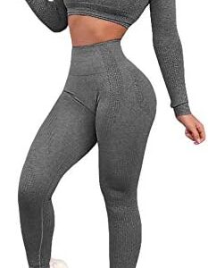 YOFIT Women's Workout Outfit 2 Pieces Seamless High Waist Yoga Leggings with Long Sleeve Crop Top Gym Clothes Set