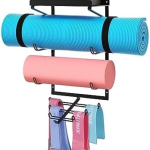 Yoga Mat Holder Wall Mount, Yoga Mat Rack with Floating Shelf, 2 Tier Yoga Mat Organizer & 6 Hooks for Hanging Yoga Straps, Resistance Bands, Belts at Fitness Class, Home Gym Accessories Organizer