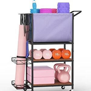 Yoga Mat Storage Rack 3-Tier Wooden Home Gym Storage Rack Yoga Mat Holder with Large Capacity Side Shelf and Roller Wheels Home Gym Storage for Yoga Mat, Foam Roller, and Gym Equipment Storage