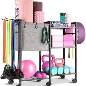 Yoga Mat Storage Rack Home Gym Equipment Storage Organizer Yoga Mat Holder for Yoga Mat Foam Roller Dumbbells Kettlebells Resistance Bands and More Gym Accessories Women Men Workout Equipment Organization with Hooks and Wheels