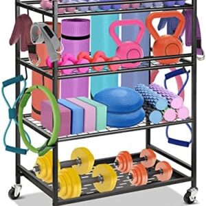 Yoga Mat Storage Rack, Home Gym Storage Rack for Dumbbells Kettlebells Resistance Band, Workout Equipment Gym Rack Organizer with Wheels and Hooks for Women and Men