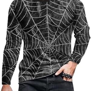 Zeiyignr Men's T-Shirts Long Sleeve Slim Fit 3D Printed Shirt Crew Neck Workout Big and Tall Halloween Spider Web Tee Shirts