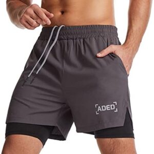 Ziuwabor Men's Running Shorts Double Layer Gym Workout Quick Drying Training Joggers 2 in 1 Sports Shorts with Zip Pockets