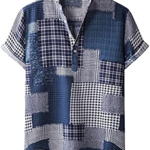 webert Men's Fashion Casual Check Print Short Sleeve Cotton- Stand Shirt Blouse Mens Short Sleeve Dress Shirts Regular