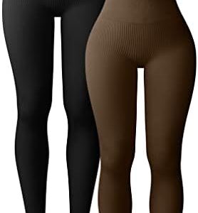 OQQ Women's 2 Piece Yoga Leggings Ribbed Seamless Workout High Waist Athletic Pants