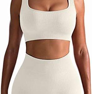 OQQ Workout Outfits for Women 2 Piece Seamless Ribbed High Waist Leggings with Sports Bra Exercise Set…