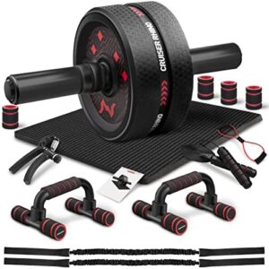 Ab Workout Equipment, Ultra Ab Roller Wheel Kit, Large Ab Roller with Resistance Bands, Push Up Bar, Jump Rope, Grip Strength Trainer, Pulling Rope, Ab Mat, Perfect for Home & Gym Fitness Equipment