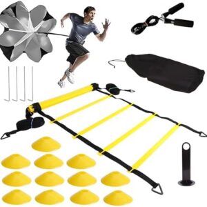 Agility Ladder Speed Training Equipment Set, 20 feet 12 Rungs Speed Ladder, 12 Disc Cones for Footwork, Resistance Parachute, Jump Rope, Football Training Kit, Soccer Training Kit with Carrying Bag