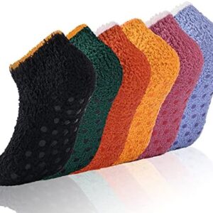 COZYOFFI 3/6 Pairs Non Slip Hospital Socks for Women Fluffy Fuzzy Slipper Socks with Grips