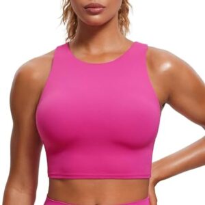 CRZ YOGA Butterluxe Womens Racerback High Neck Longline Sports Bra - Padded Workout Crop Tank Tops with Built in Shelf Bra