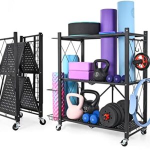 DACK Yoga Mat Storage Rack,Home Gym Storage Cart,Workout Equipment Storage Organizer for Workout Room Yoga Accessories Dumbbell Kettlebell Resistance Bands,with Wheels Side Basket and Hooks