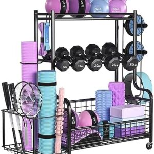 Dumbbell Rack Weight Stand, ACMETOP Weight Holder for Dumbbells, Home Gym Storage Rack for Yoga Mat, Kettlebell, Balls, Workout Equipment Storage Organizer with Caster Wheels, Hooks