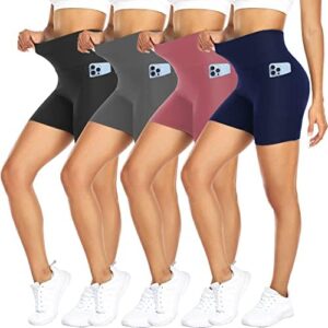 FULLSOFT 4 Pack Biker Shorts for Women with Pockets – 5" High Waisted Tummy Control Workout Yoga Running Gym Short Pants